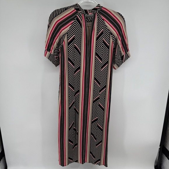 Anthropologie Geometric Stripe Mock Neck Midi Dress Black Pink Tan Short Sleeve - Picture 2 of 7